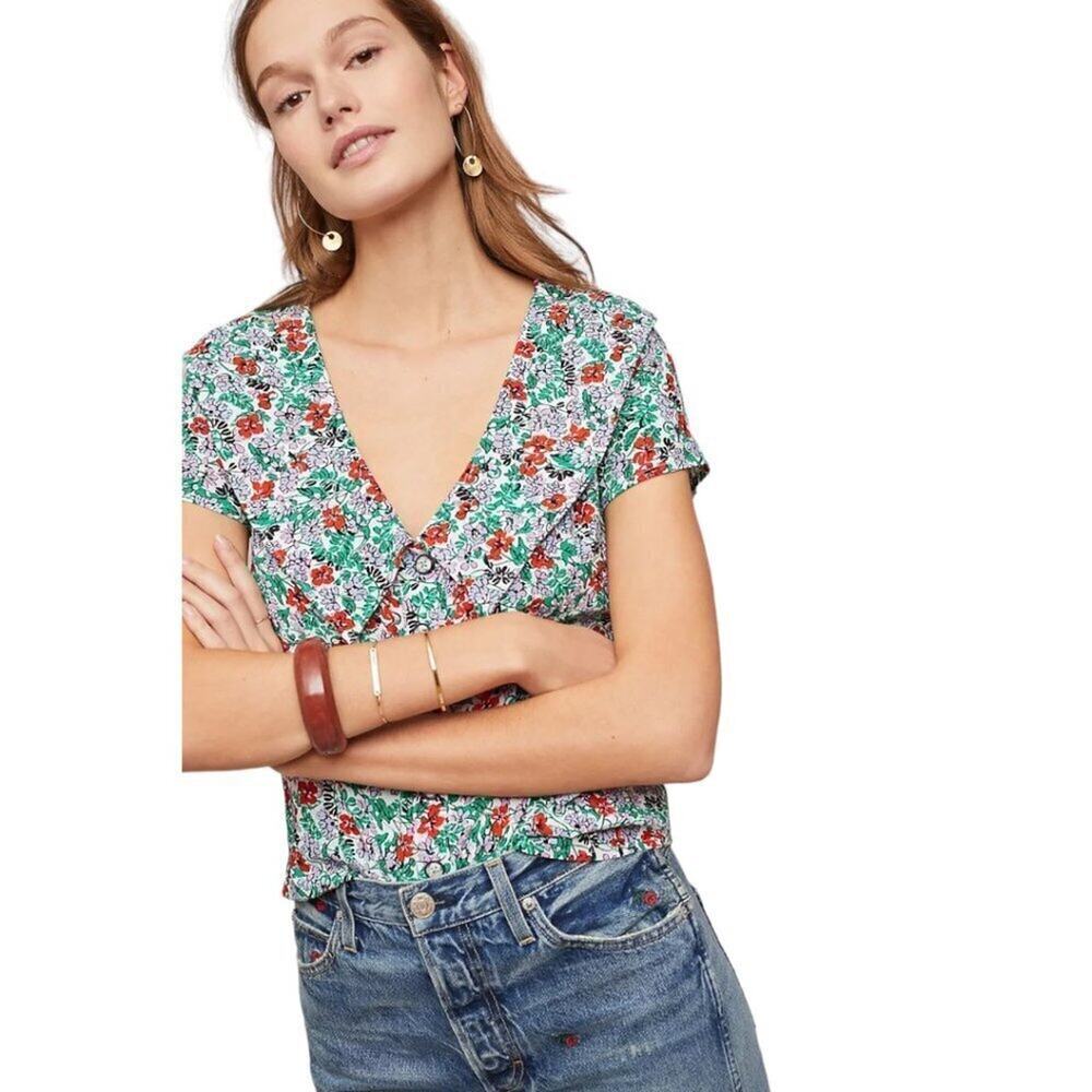 Anthropologie Maeve Multicolor Floral Short Sleeves Austen Collared Blouse Sz 0